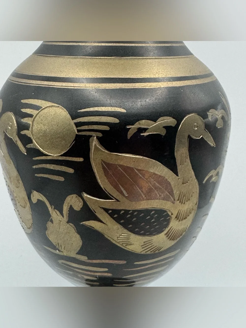 Vintage Indian Brass Vase Black Enamel Engraved Birds Floral Pedestal